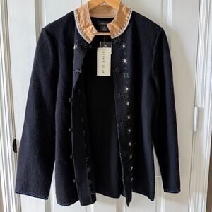 Vintage NWT Will Smith Black Wool Sweater Jacket Suede Collar S cottage core